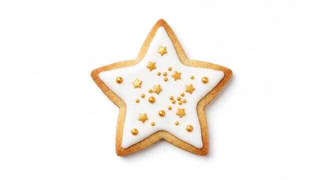 Christmas Star Cookie with White Royal Icing and Gold Decorations