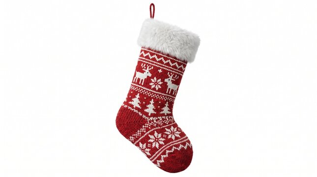 Red knitted Christmas stocking with reindeer pattern on white