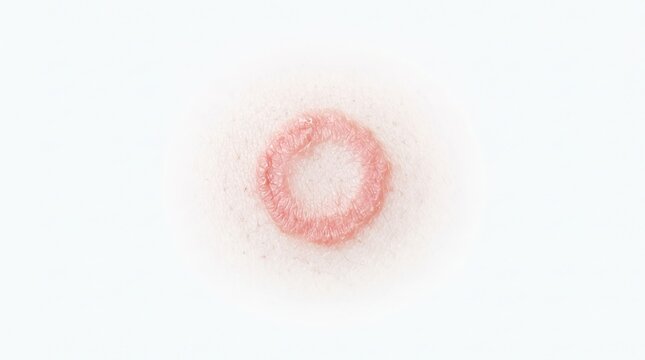 Macro close up of a circular red rash, tinea corporis, or ringworm fungal infection on pale human skin