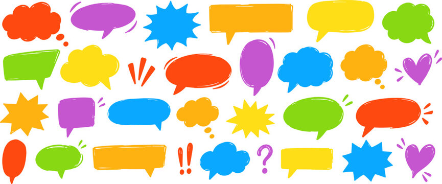 Colorful hand drawn speech and thought bubbles with comic shapes, hearts and symbols isolated on white background, ideal for messages and social media