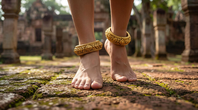 Close up of bare feet wearing intricate antique anklets stepping on ancient stone path at temple