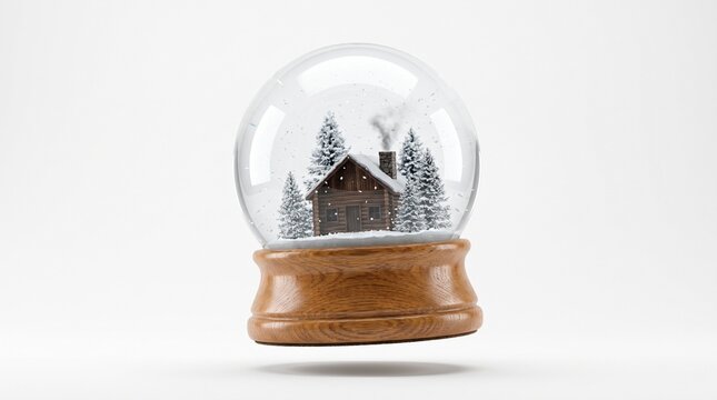 Christmas Snow Globe with Winter Log Cabin and Pine Trees