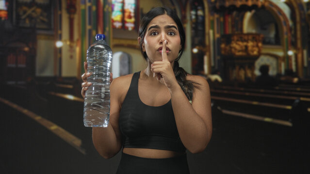 Sporty young woman holds large water bottle and presses finger to lips for silence in a building; quiet reverence.