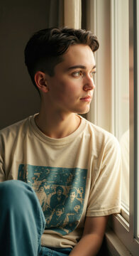 Handsome caucasian man near window. Person looks outside, feeling solitude and calmness. Contemplative young european male. Portrait of thoughtful adult.