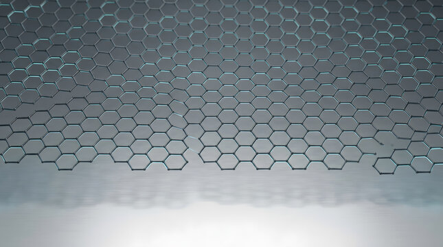 Abstract Hexagonal Grid: A futuristic hexagonal grid pattern stretches into the distance, creating a sense of depth and technological sophistication.