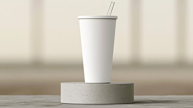 A minimalist white tumbler with a straw sits on a concrete pedestal