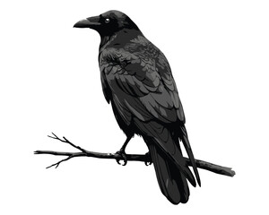 Obraz premium Realistic black raven bird perched on a branch