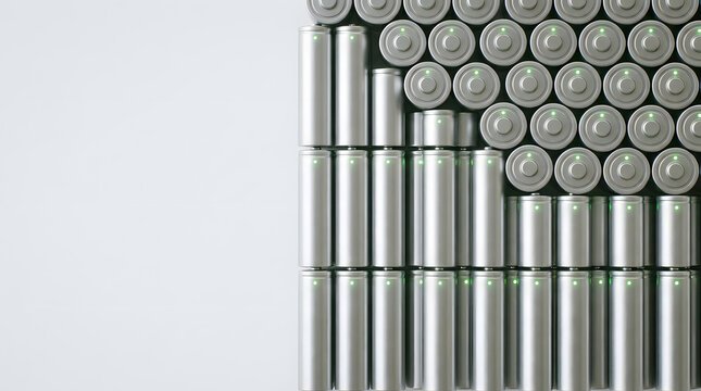 Battery Power Arrangement: A neat arrangement of silver batteries forms a pattern, ready for use, symbolizing energy and power.