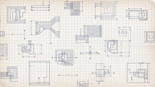 Technical blueprint showing multiple electrical circuit layouts, component diagrams, measurement lines, and engineering schematics on a gridded drafting background for design and instruction