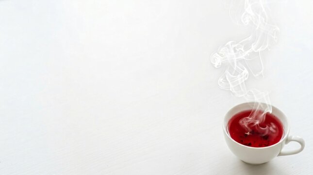 Hot red tea steaming in a white cup on a white surface
