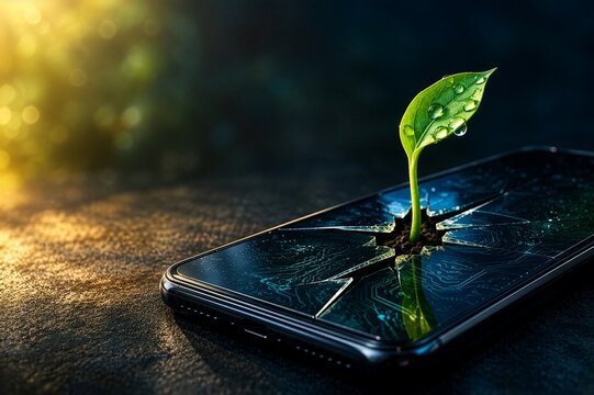 Smartphone with cracked screen glowing cyan on forest floor with moss and pine needles
