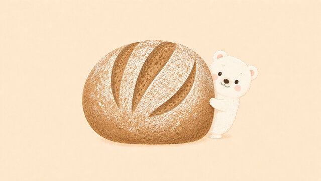 北欧風デザインのライ麦パンから顔を出すシロクマのイラスト