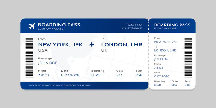 Realistic illustration of airplane ticket boarding pass with passenger name and destination. Concept of travel, journey or business trip.