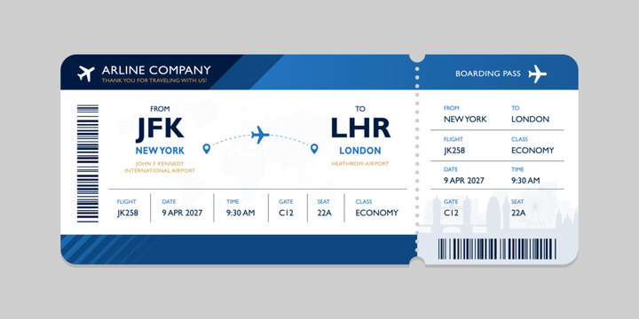 Realistic illustration of airplane ticket boarding pass with passenger name and destination. Concept of travel, journey or business trip.