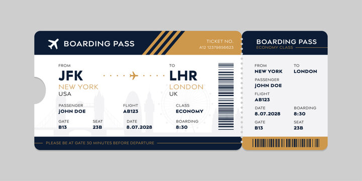 Realistic illustration of airplane ticket boarding pass with passenger name and destination. Concept of travel, journey or business trip.
