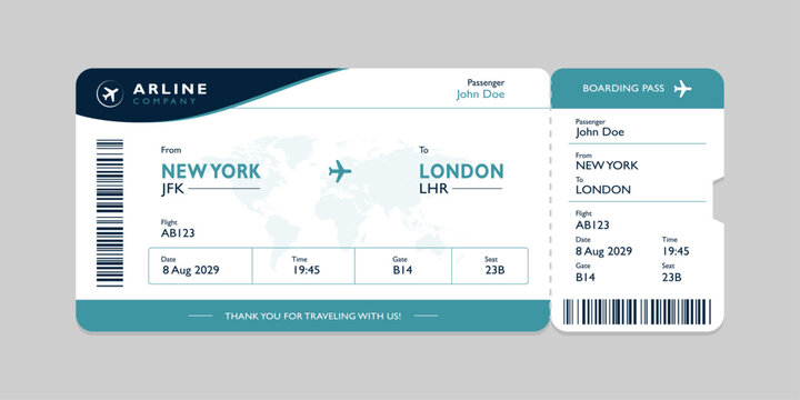 Realistic illustration of airplane ticket boarding pass with passenger name and destination. Concept of travel, journey or business trip.