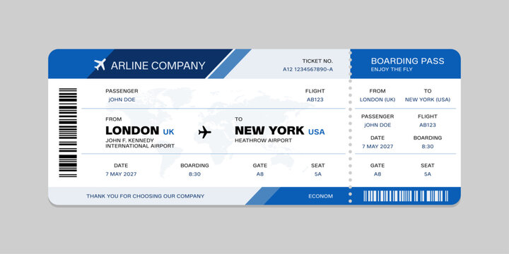 Realistic illustration of airplane ticket boarding pass with passenger name and destination. Concept of travel, journey or business trip.