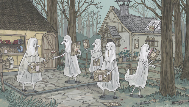 森の小屋の前で箱や紙を持つ幽霊たち
