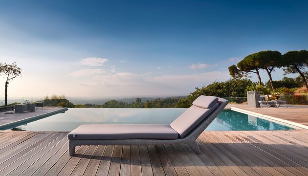modern grey cushioned chaise lounge by pool on wooden deck for outdoor relaxation and poolside design