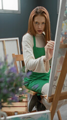 Woman painter in green apron paints canvas with brush, hand on easel, seated in bright art studio  concentration. © Krakenimages.com