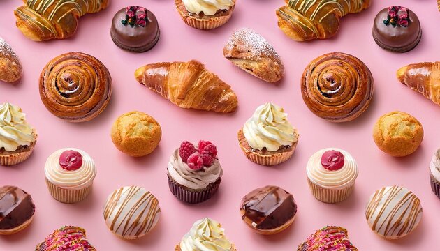 a seamless pattern featuring various sweet pastries on pink background