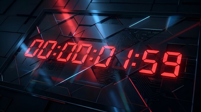 Close-up of a red digital LED timer displaying 00:00:01:59 on a dark, futuristic background with red and blue lighting.
