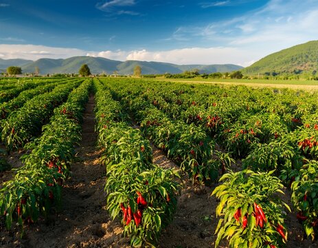 vibrant red pepper plants flourishing in lush green field with ripening green and red chilies in serene agricultural landscape