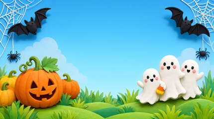 Fototapeta premium Cute paper craft ghosts and pumpkin for halloween party