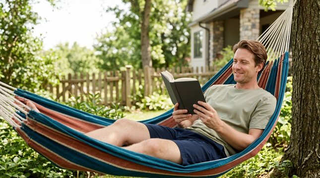 Man lounging in striped hammock while reading book in backyard. Casual adult relaxing in garden on sunny day. Summer vacation, weekend recreation and rest concept