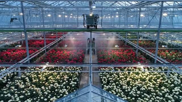 Automated irrigation system spraying mist over flowers in greenhouse