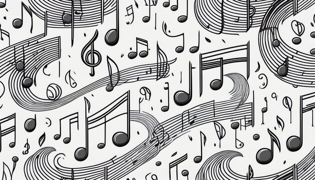 seamless pattern of hand drawn music notes and clefs on white background minimalist design