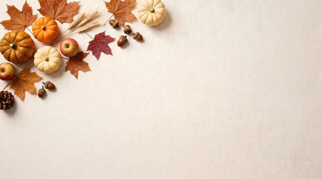 Autumn background with colorful pumpkins and fall leaves on a rustic white wooden table top view