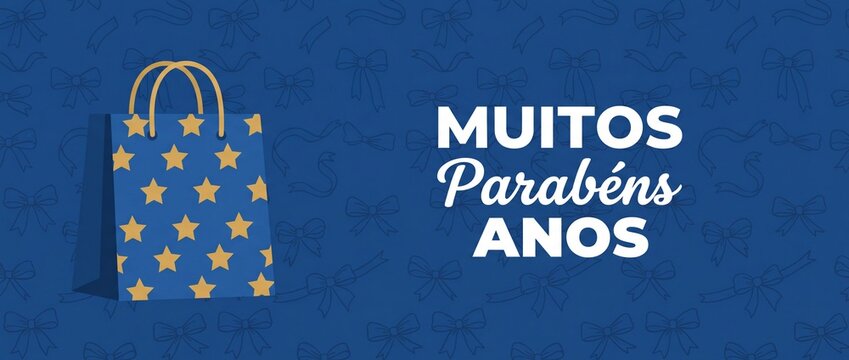 Portuguese birthday gift bag background with gold stars and Muitos Parabens Anos text for happy birthday greeting card celebration banner poster event marketing design element. Blue paper present bag.