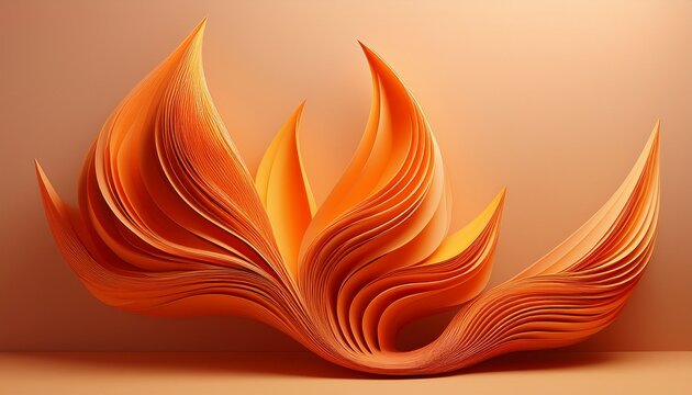 abstract orange flame sculpture with layered folded shapes in a minimal modern composition