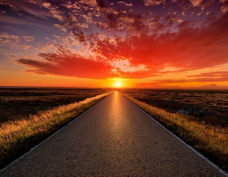 a long asphalt path extends toward the captivating horizon as a dramatic sun paints the evening sky with spectacular shades of fiery orange and radiant red creating a picturesque natural scene