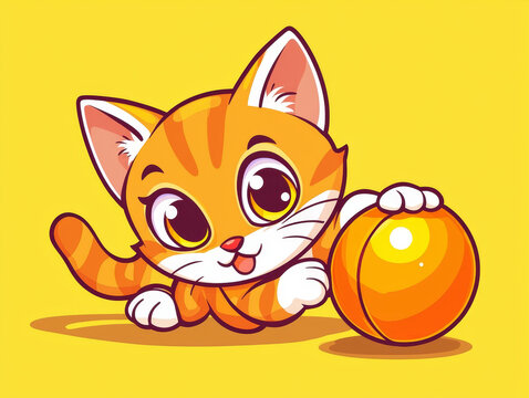 Cute cartoon orange tabby kitten with big eyes, playfully pushing an orange ball on a vibrant yellow background