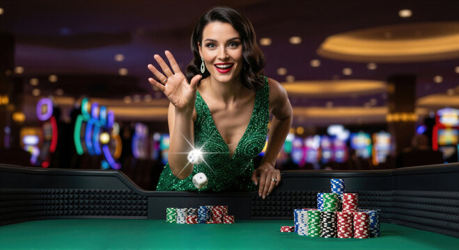 Woman throwing dice at craps table in luxury casino. Happy gambler rolling dice with poker chip stack on green felt. Gambling entertainment and jackpot luck concept for resort advertisement