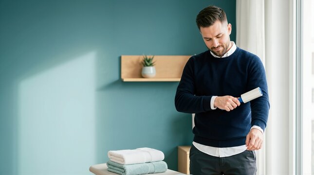 Man using a sticky lint roller on his sweater sleeve indoors. Well-groomed male cleaning clothing from fuzz and pet hair before going out
