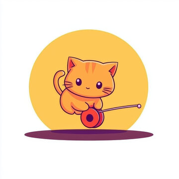 Cute orange cartoon cat playing with a red reel toy, centered on a bright yellow circular background