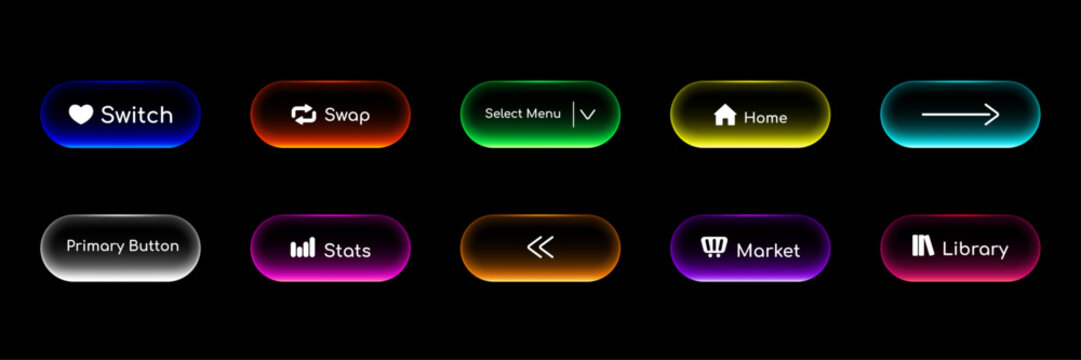 Multicolor neon glowing pill button set with icons, rainbow gradient rounded UI elements on black background