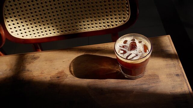 Close up of refreshing iced dark brown coffee on an antique wooden table. Window sunlight casts striking shadows on the glass and textured wood, creating a nostalgic vintage atmosphere.