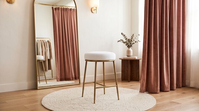 Modern fitting room interior with velvet stool, arch mirror and elegant curtains in boutique