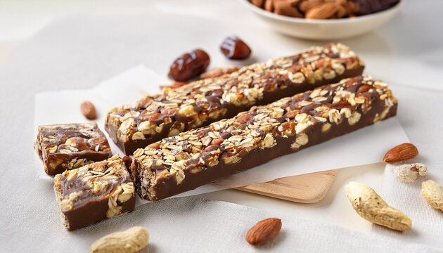 clean protein snack bar mockup with nuts oats dates and dark chocolate ideal for fitness nutrition branding healthy snack advertising packaging design and modern food product promotion