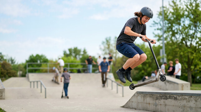 Teenager performing a jumping trick on a stunt scooter at a skatepark. Young rider airborne over a concrete ramp wearing a safety helmet