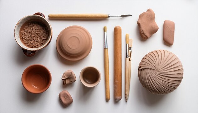 pottery clay and tools a flat lay of crafting essentials on white surface