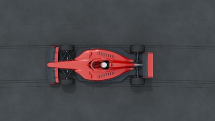 Obraz premium Red racing car and driver with helmet on race track, overhead. Fast auto, speed and power