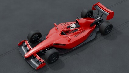 Obraz premium Red aerodynamic formula racing car with driver on race track, view from above