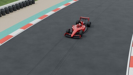Obraz premium Red open wheel racing car on asphalt racetrack with striped curbs viewed from above