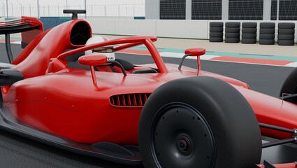 Obraz premium Red racing car with driver and aerodynamic wings on race track, closeup view