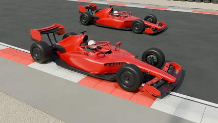 Fototapeta premium Two red racing cars with helmeted drivers beside striped racetrack curbing
